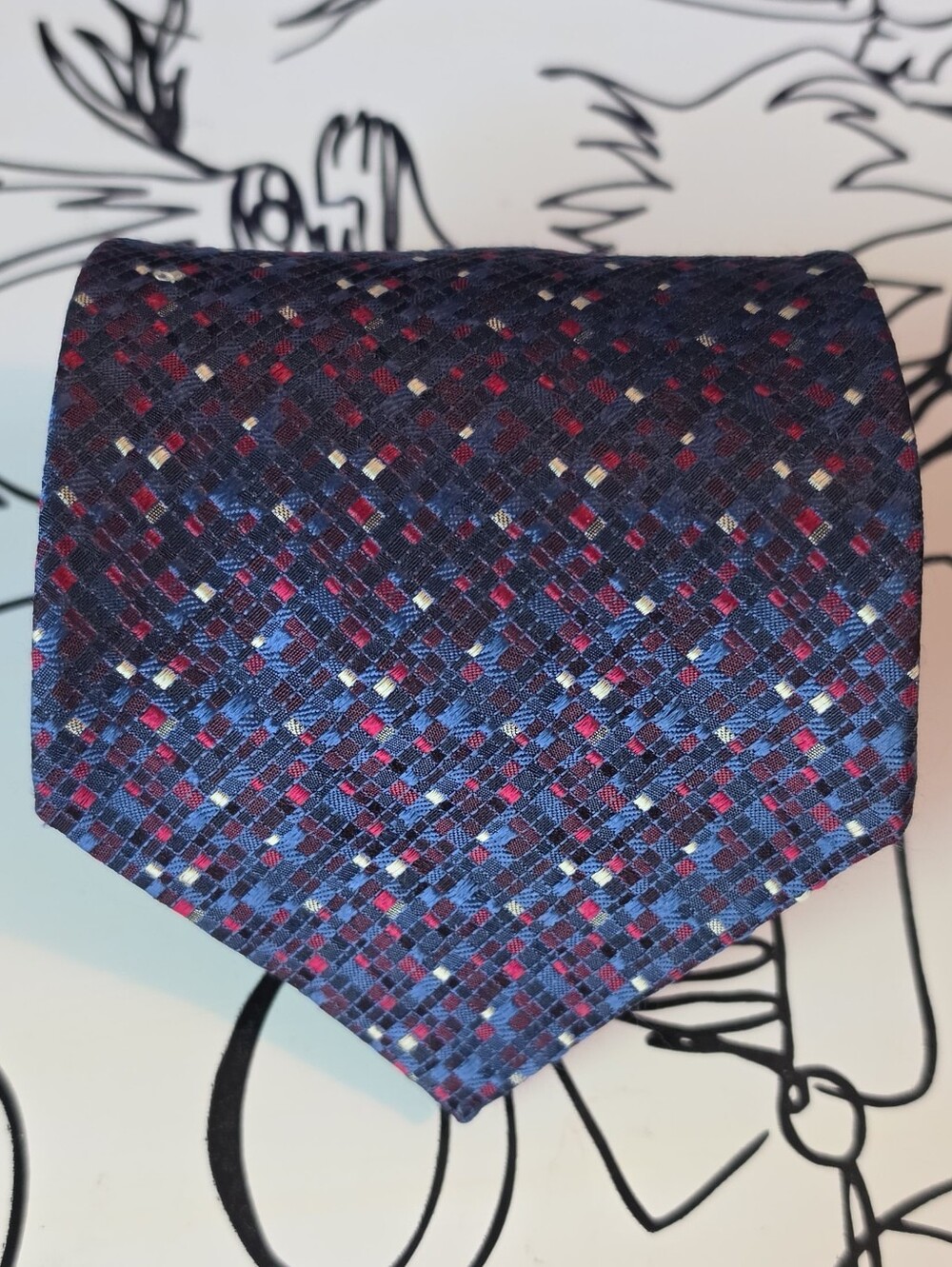 Bruno Piattelli Extra Long Silk Tie XL 63" x 4" Navy Red Geometric Grid USA